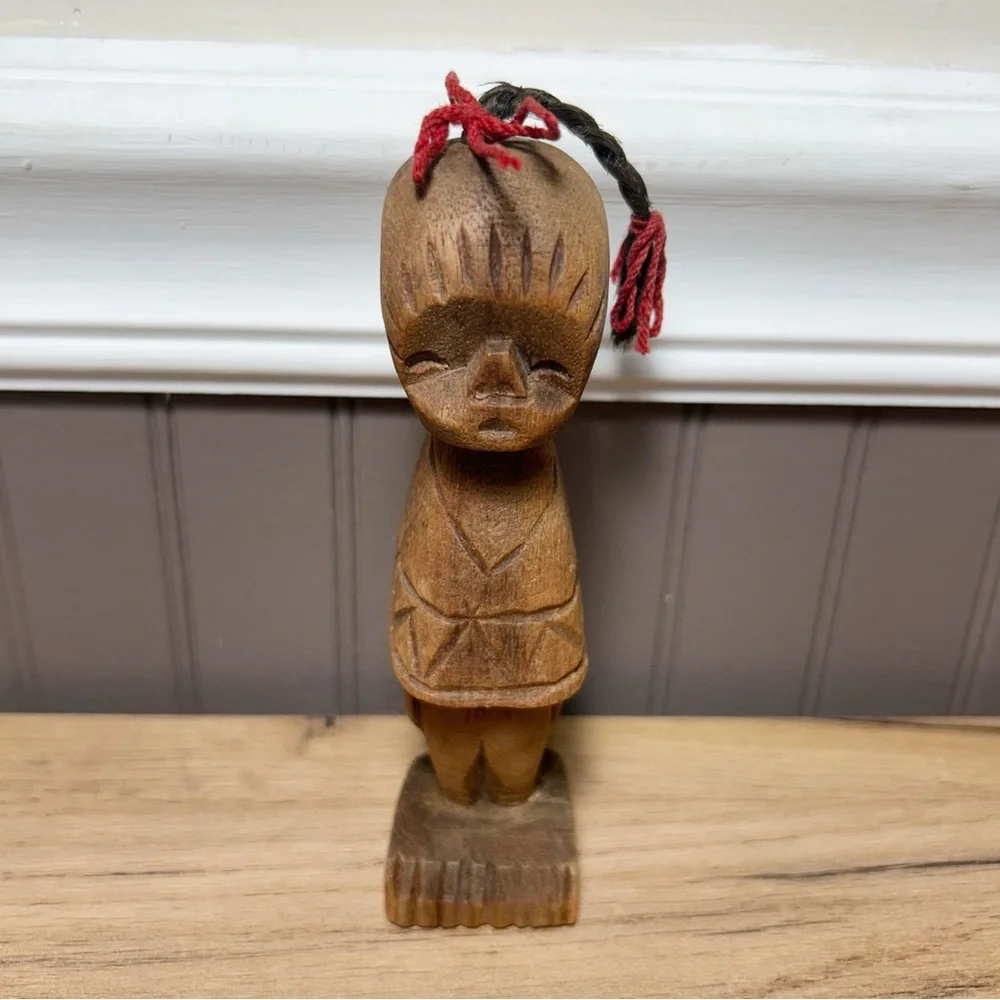 Handcrafted Wooden Folk Art Female Figurine with a Braid African Origin VTG